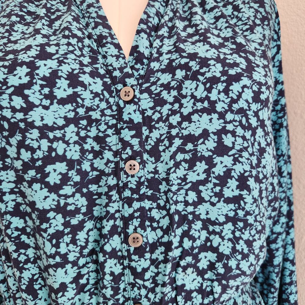 Vintage LOFT Blue Floral Long Sleeve Button Down A-Line Midi Dress L - Picture 5 of 12